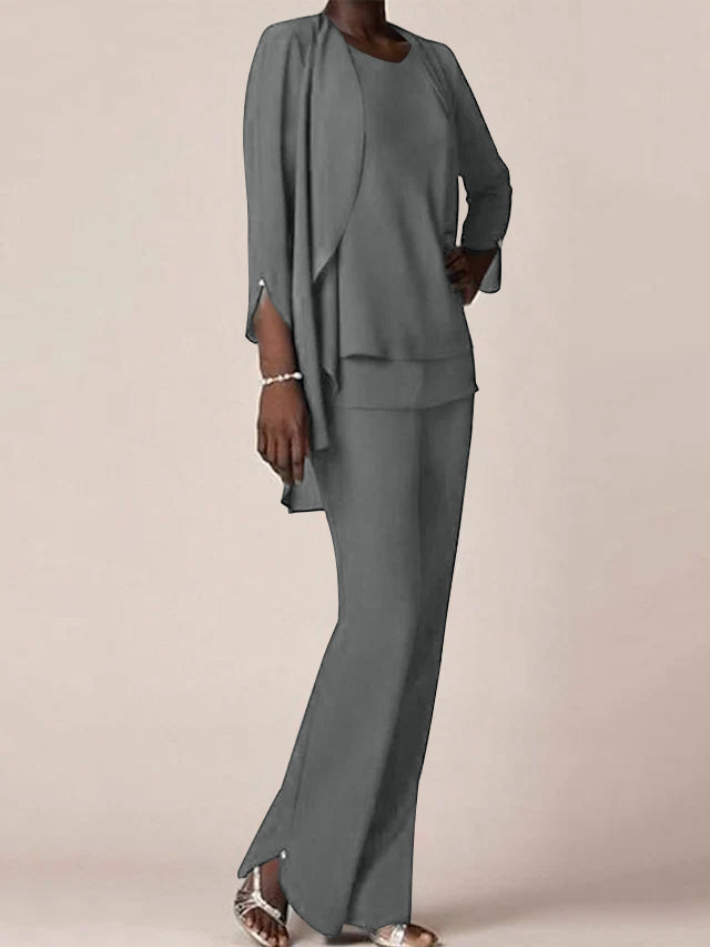 Floor Length Chiffon Pantsuit With V Neck And Ruffles For Mother Of The Bride