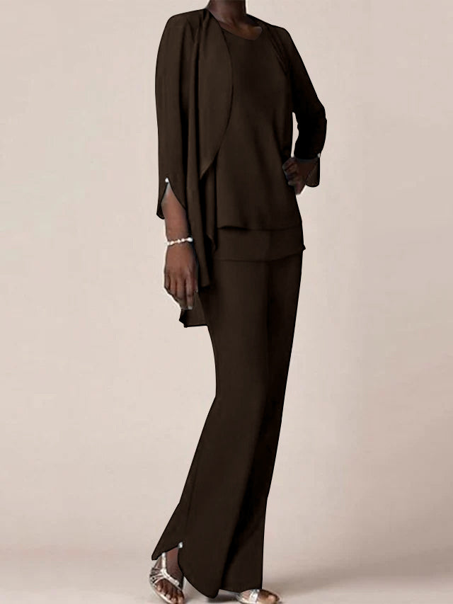 Floor Length Chiffon Pantsuit With V Neck And Ruffles For Mother Of The Bride