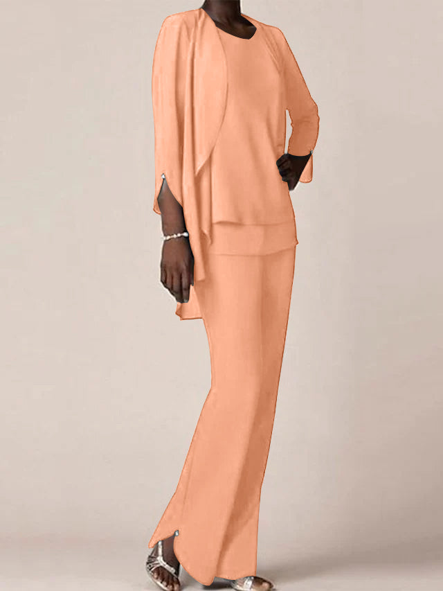 Floor Length Chiffon Pantsuit With V Neck And Ruffles For Mother Of The Bride