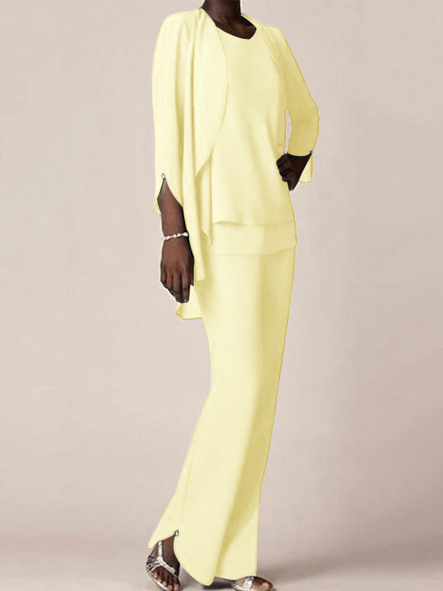 Floor Length Chiffon Pantsuit With V Neck And Ruffles For Mother Of The Bride
