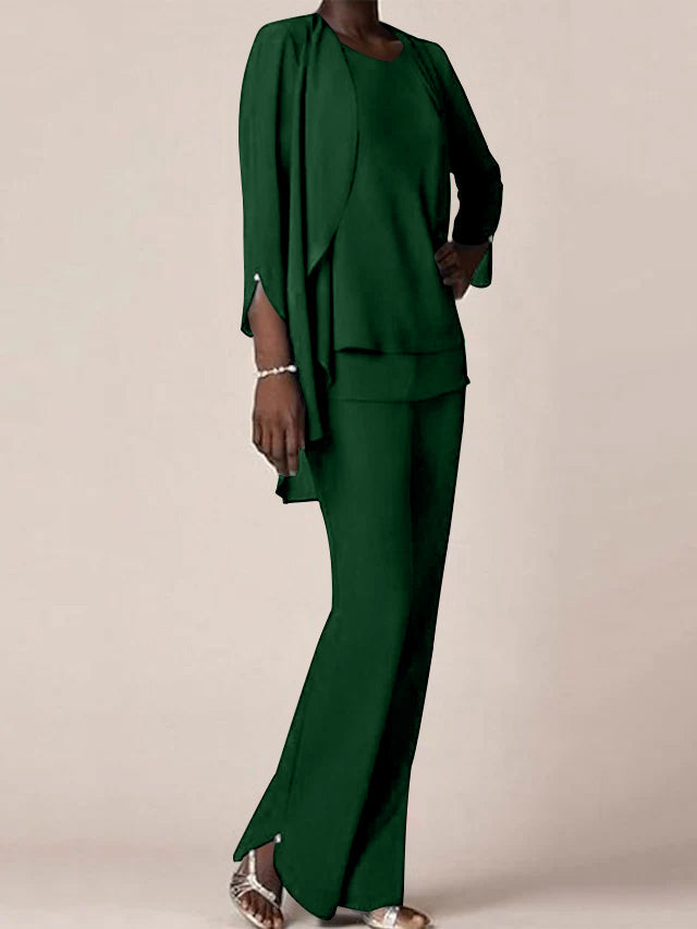 Floor Length Chiffon Pantsuit With V Neck And Ruffles For Mother Of The Bride