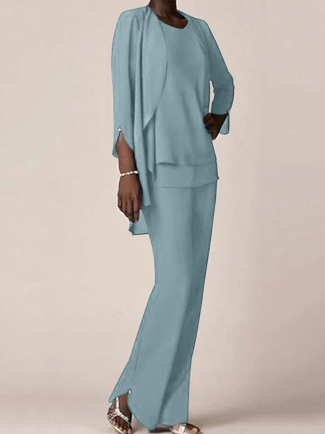 Floor Length Chiffon Pantsuit With V Neck And Ruffles For Mother Of The Bride