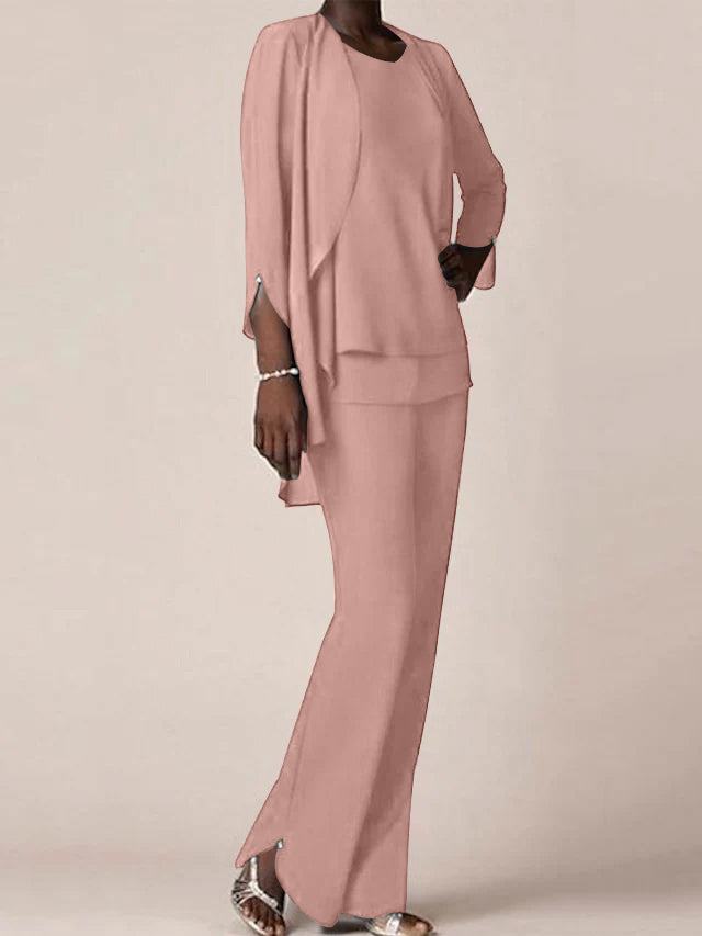 Floor Length Chiffon Pantsuit With V Neck And Ruffles For Mother Of The Bride