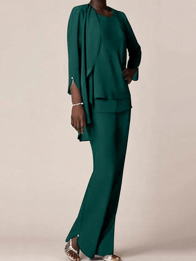 Floor Length Chiffon Pantsuit With V Neck And Ruffles For Mother Of The Bride