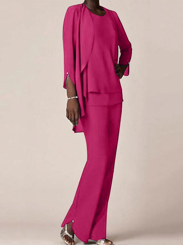 Floor Length Chiffon Pantsuit With V Neck And Ruffles For Mother Of The Bride