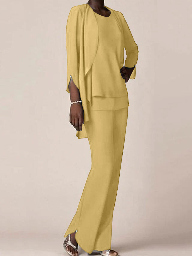 Floor Length Chiffon Pantsuit With V Neck And Ruffles For Mother Of The Bride