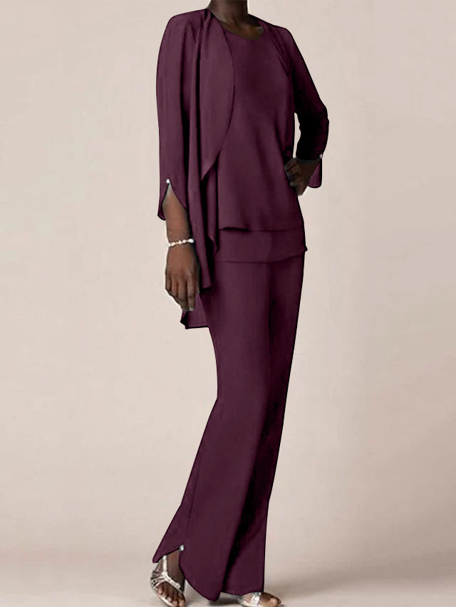 Floor Length Chiffon Pantsuit With V Neck And Ruffles For Mother Of The Bride