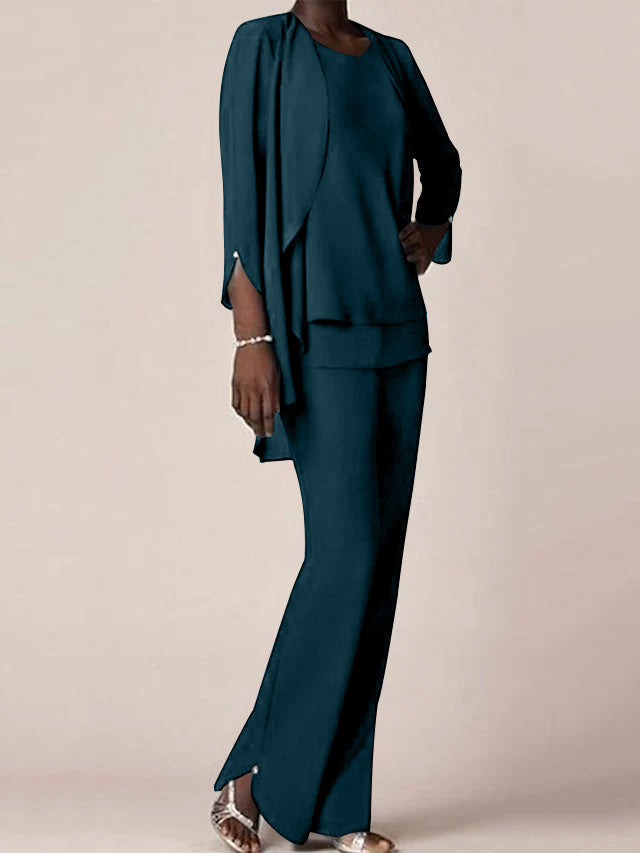 Floor Length Chiffon Pantsuit With V Neck And Ruffles For Mother Of The Bride