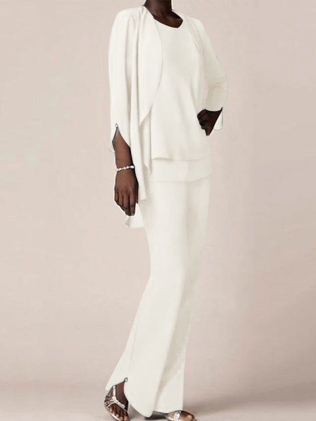 Floor Length Chiffon Pantsuit With V Neck And Ruffles For Mother Of The Bride