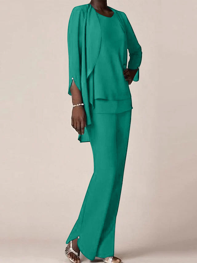 Floor Length Chiffon Pantsuit With V Neck And Ruffles For Mother Of The Bride
