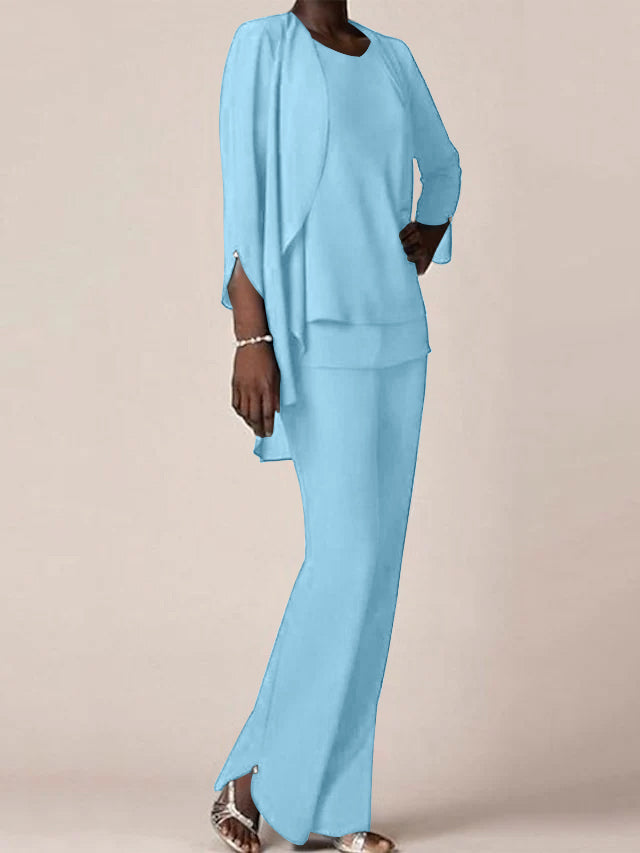 Floor Length Chiffon Pantsuit With V Neck And Ruffles For Mother Of The Bride