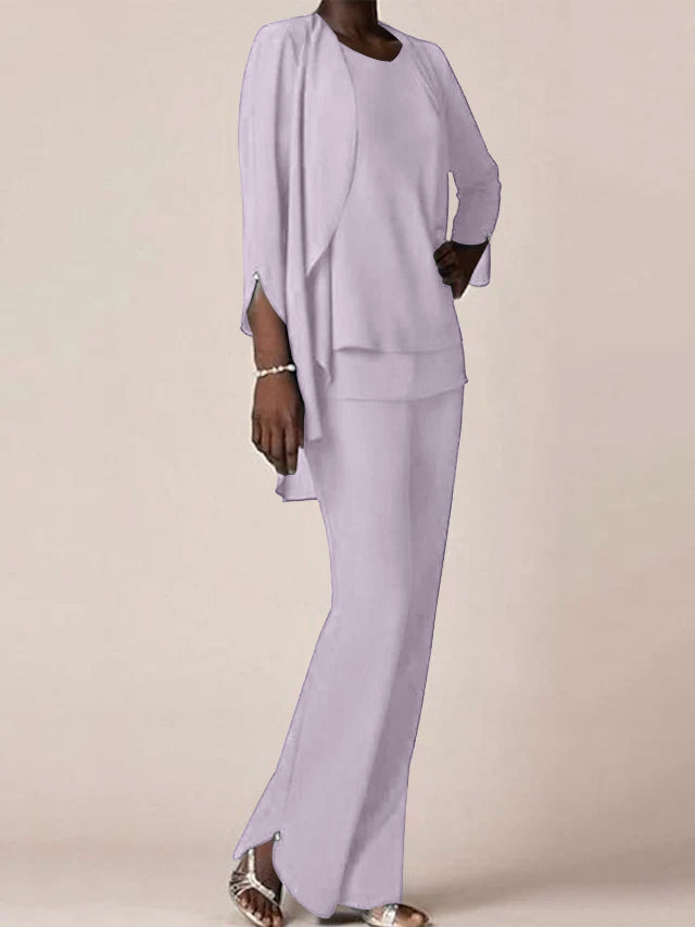 Floor Length Chiffon Pantsuit With V Neck And Ruffles For Mother Of The Bride