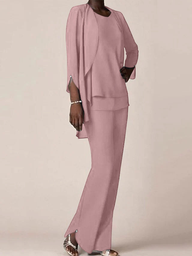 Floor Length Chiffon Pantsuit With V Neck And Ruffles For Mother Of The Bride