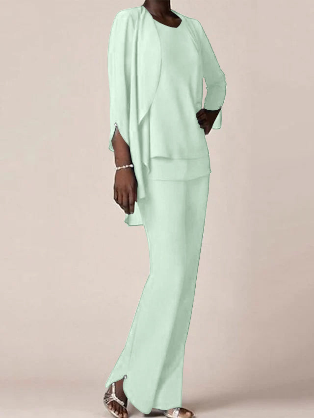 Floor Length Chiffon Pantsuit With V Neck And Ruffles For Mother Of The Bride