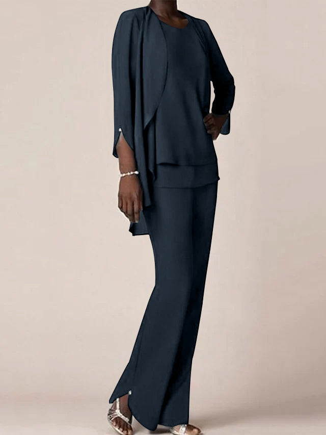 Floor Length Chiffon Pantsuit With V Neck And Ruffles For Mother Of The Bride