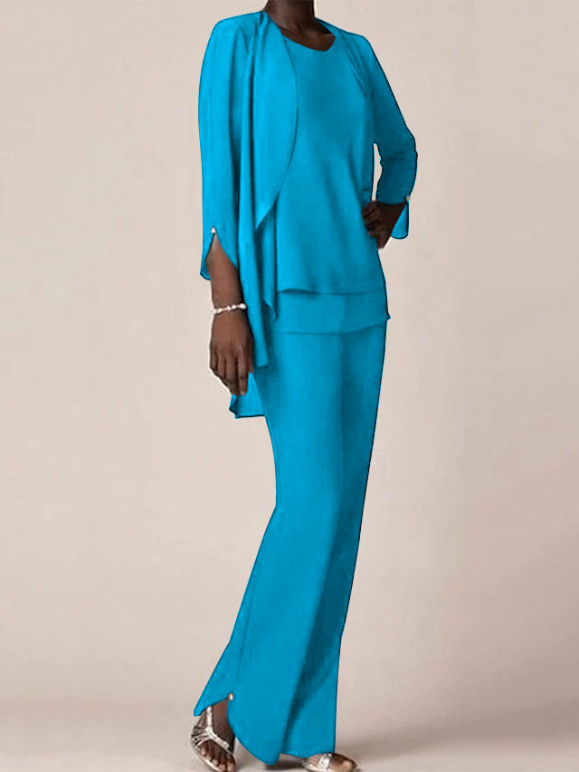 Floor Length Chiffon Pantsuit With V Neck And Ruffles For Mother Of The Bride