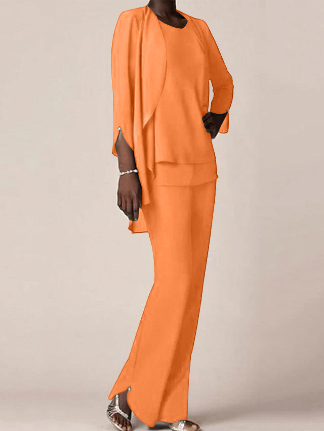Floor Length Chiffon Pantsuit With V Neck And Ruffles For Mother Of The Bride