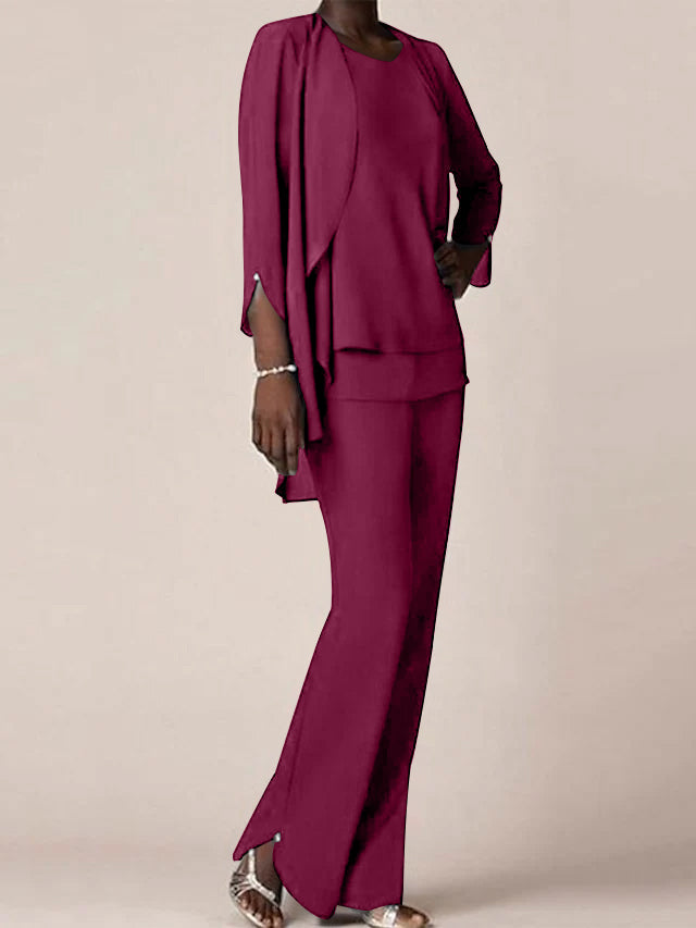 Floor Length Chiffon Pantsuit With V Neck And Ruffles For Mother Of The Bride
