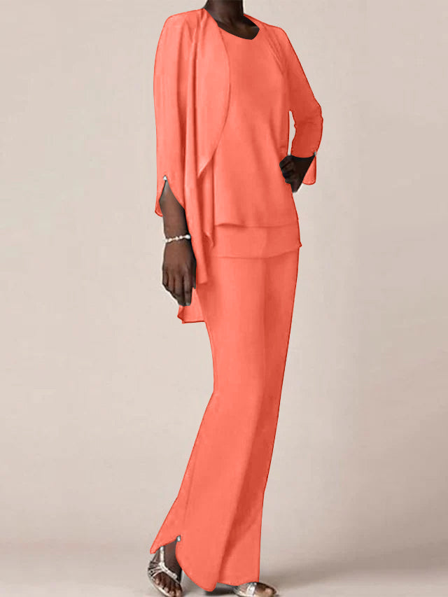 Floor Length Chiffon Pantsuit With V Neck And Ruffles For Mother Of The Bride