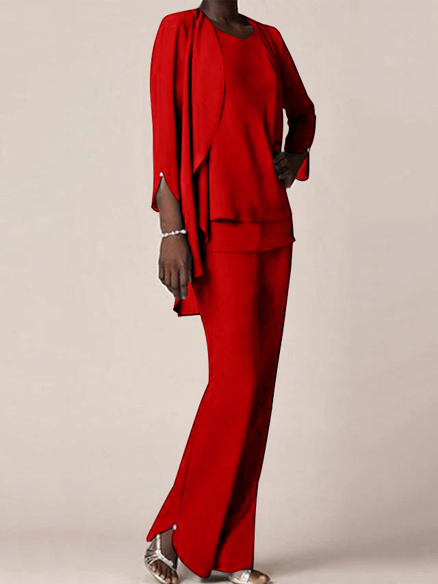 Floor Length Chiffon Pantsuit With V Neck And Ruffles For Mother Of The Bride