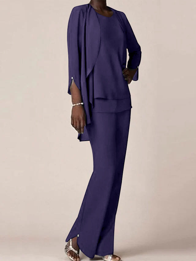 Floor Length Chiffon Pantsuit With V Neck And Ruffles For Mother Of The Bride