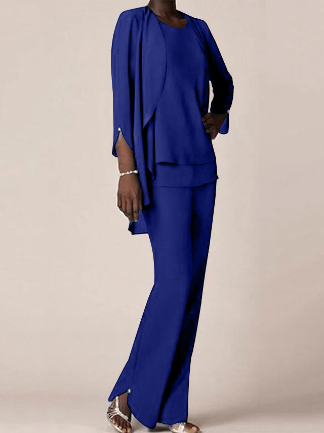 Floor Length Chiffon Pantsuit With V Neck And Ruffles For Mother Of The Bride