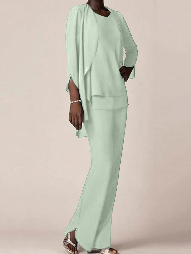 Floor Length Chiffon Pantsuit With V Neck And Ruffles For Mother Of The Bride
