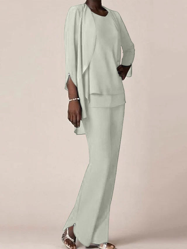 Floor Length Chiffon Pantsuit With V Neck And Ruffles For Mother Of The Bride