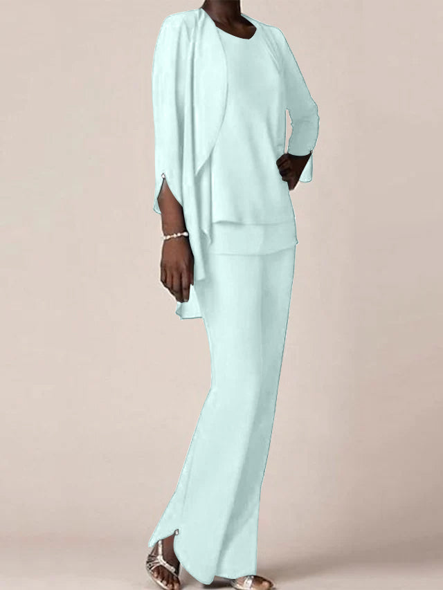 Floor Length Chiffon Pantsuit With V Neck And Ruffles For Mother Of The Bride