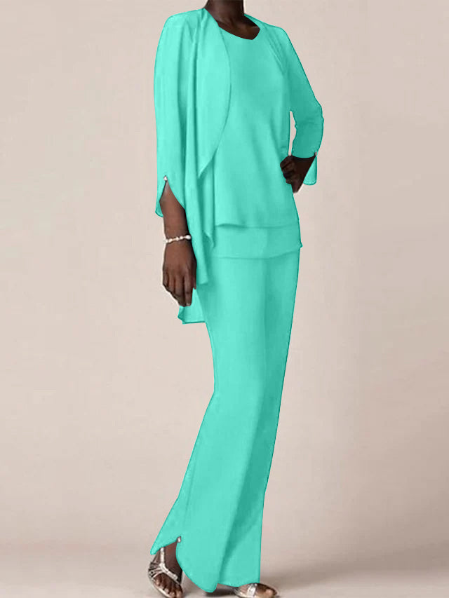 Floor Length Chiffon Pantsuit With V Neck And Ruffles For Mother Of The Bride