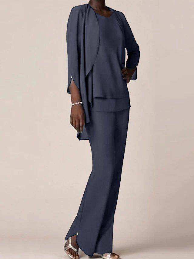 Floor Length Chiffon Pantsuit With V Neck And Ruffles For Mother Of The Bride