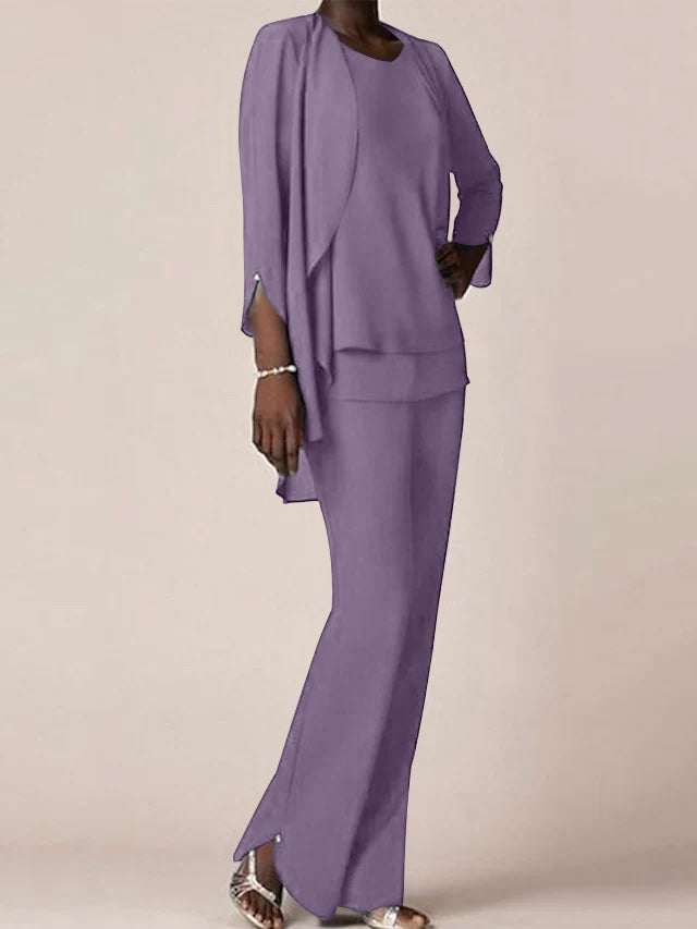 Floor Length Chiffon Pantsuit With V Neck And Ruffles For Mother Of The Bride