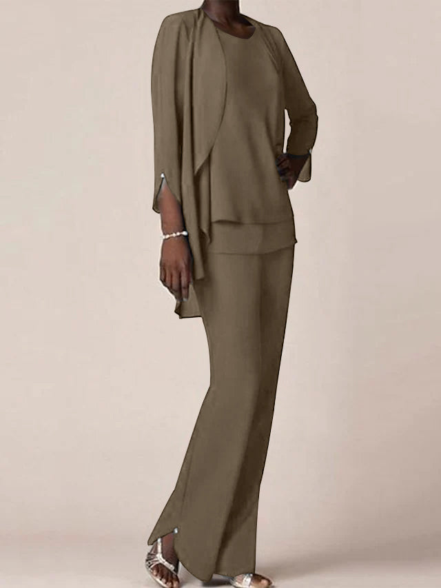 Floor Length Chiffon Pantsuit With V Neck And Ruffles For Mother Of The Bride