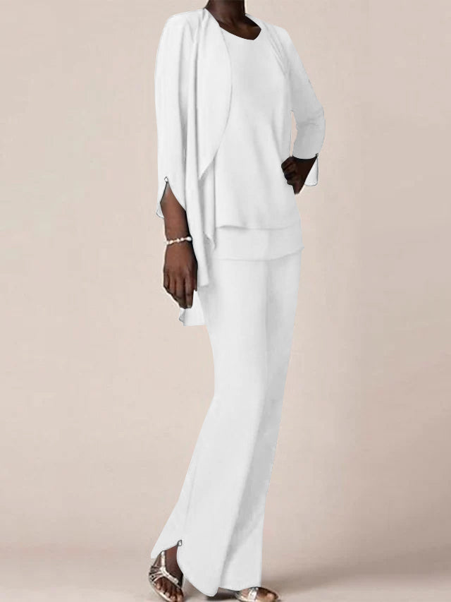 Floor Length Chiffon Pantsuit With V Neck And Ruffles For Mother Of The Bride