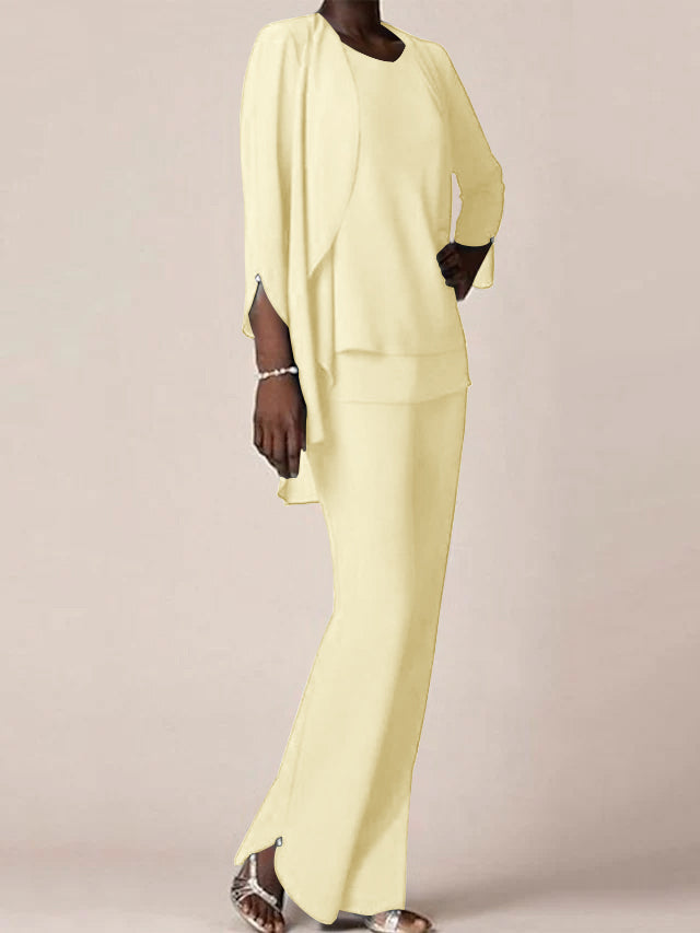 Floor Length Chiffon Pantsuit With V Neck And Ruffles For Mother Of The Bride