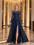 Floor-Length Mother Of The Bride A-Line Dress With Scoop Neck Sleeves Sequins