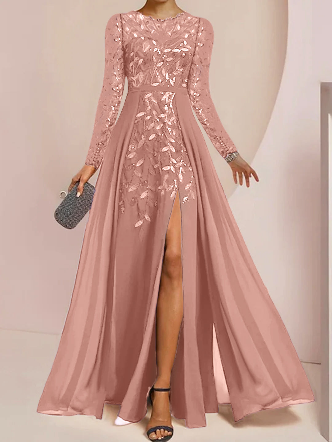 Floor-Length Mother Of The Bride A-Line Dress With Scoop Neck Sleeves Sequins