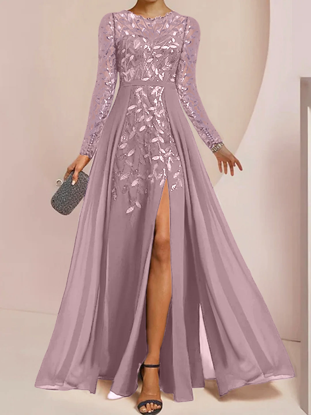 Floor-Length Mother Of The Bride A-Line Dress With Scoop Neck Sleeves Sequins