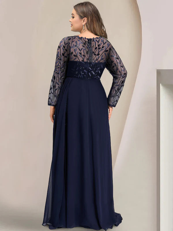 Floor-Length Mother Of The Bride A-Line Dress With Scoop Neck Sleeves Sequins