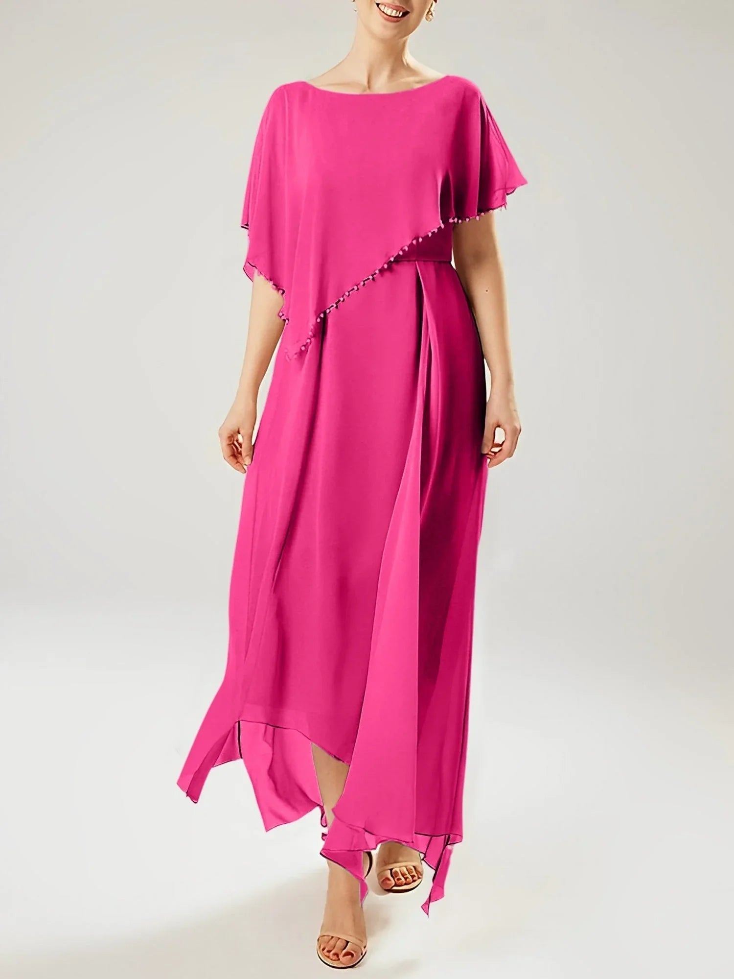 Robe fourreau/colonne à manches courtes pour la mère de la mariée avec pompon