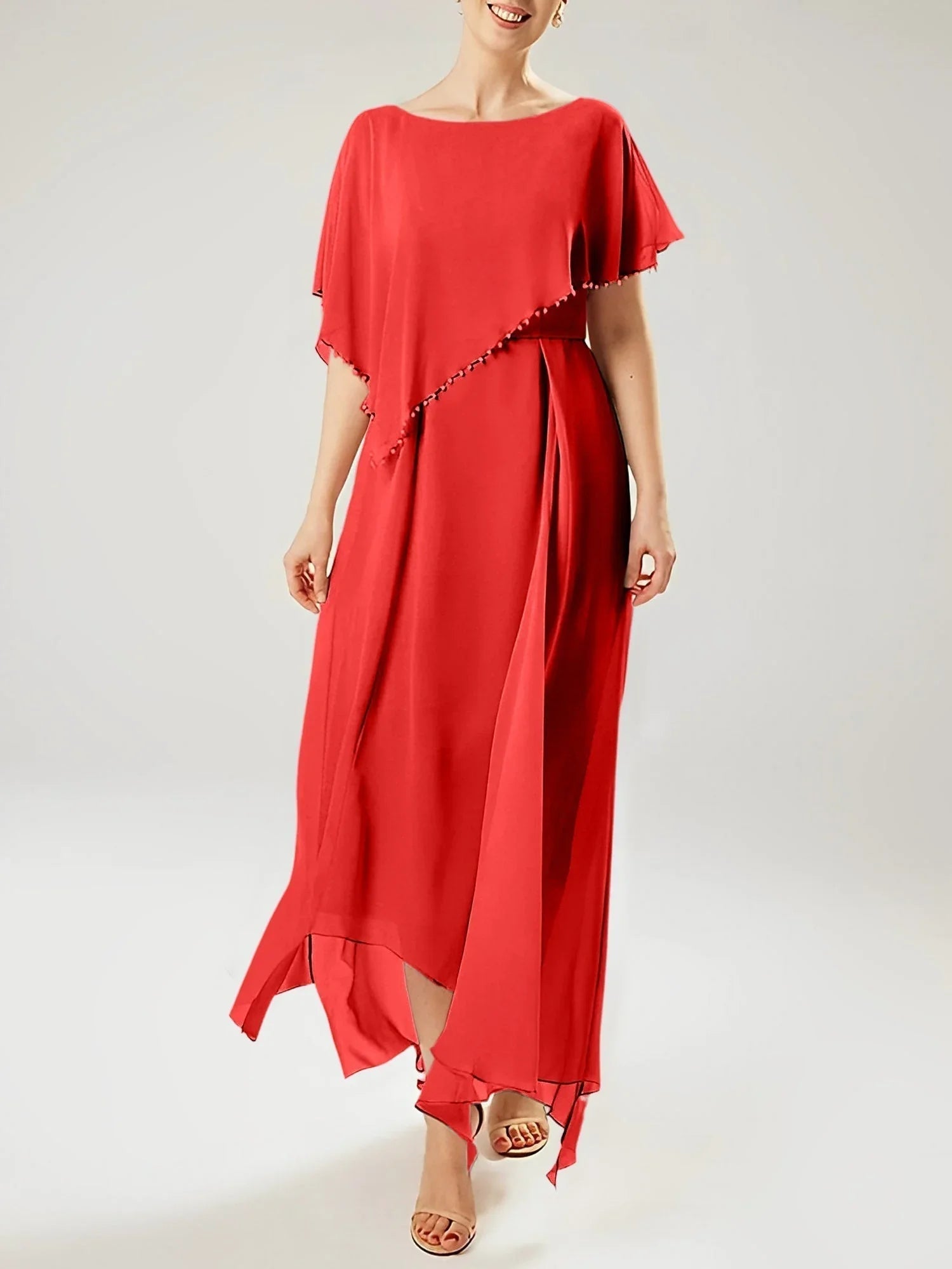 Robe fourreau/colonne à manches courtes pour la mère de la mariée avec pompon