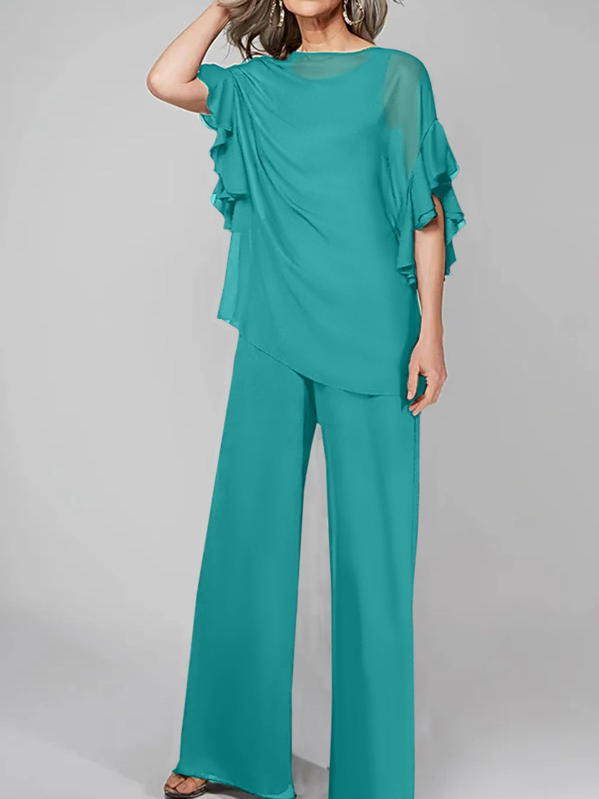 Chiffon Mother of the Bride Pantsuit with Scoop Neck and Half Sleeves