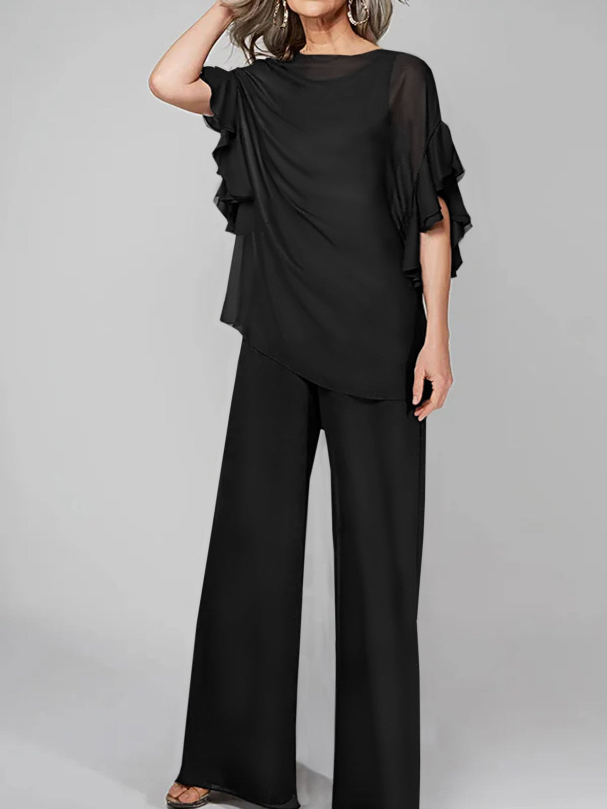 Chiffon Mother of the Bride Pantsuit with Scoop Neck and Half Sleeves
