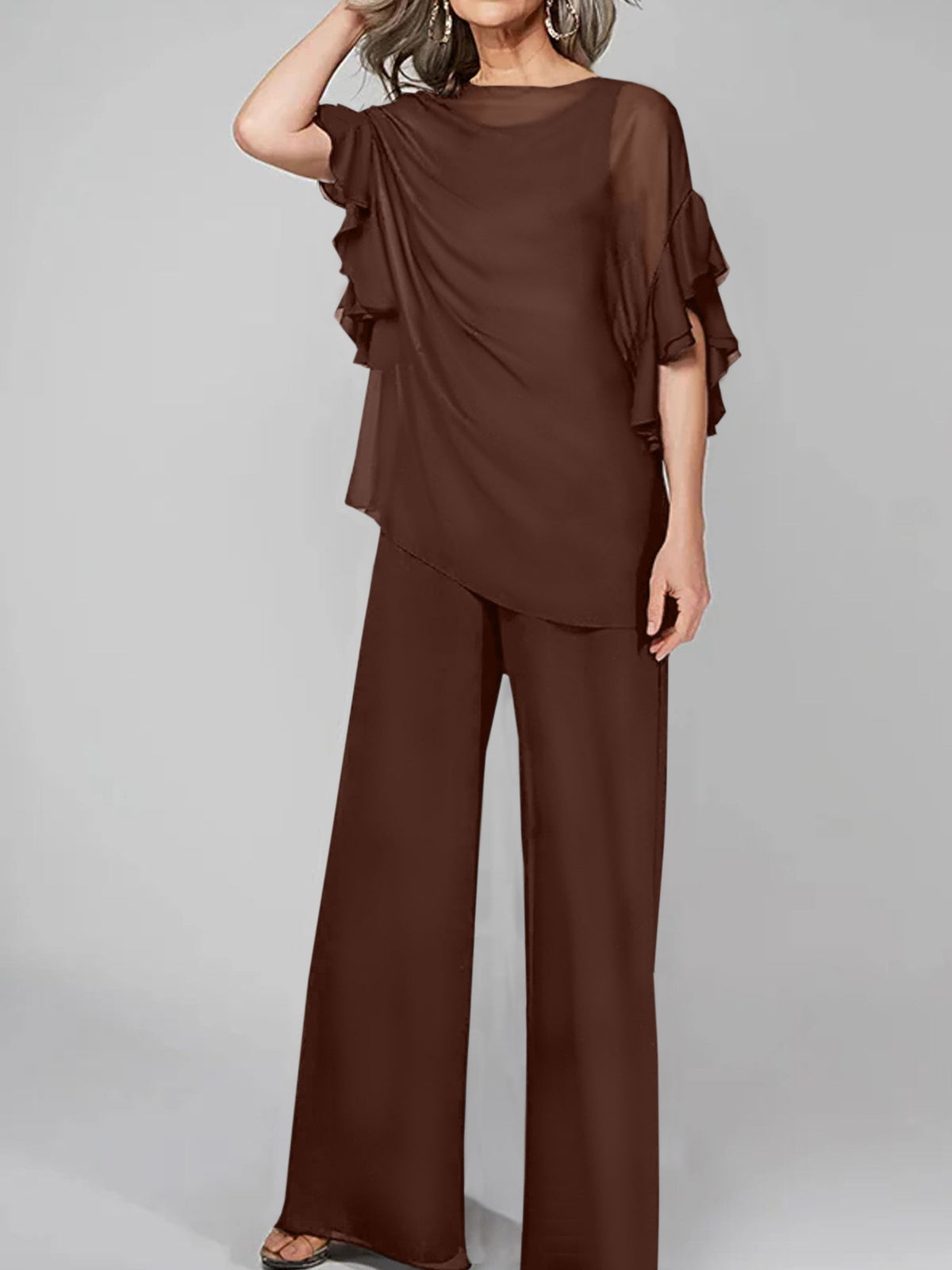 Chiffon Mother of the Bride Pantsuit with Scoop Neck and Half Sleeves