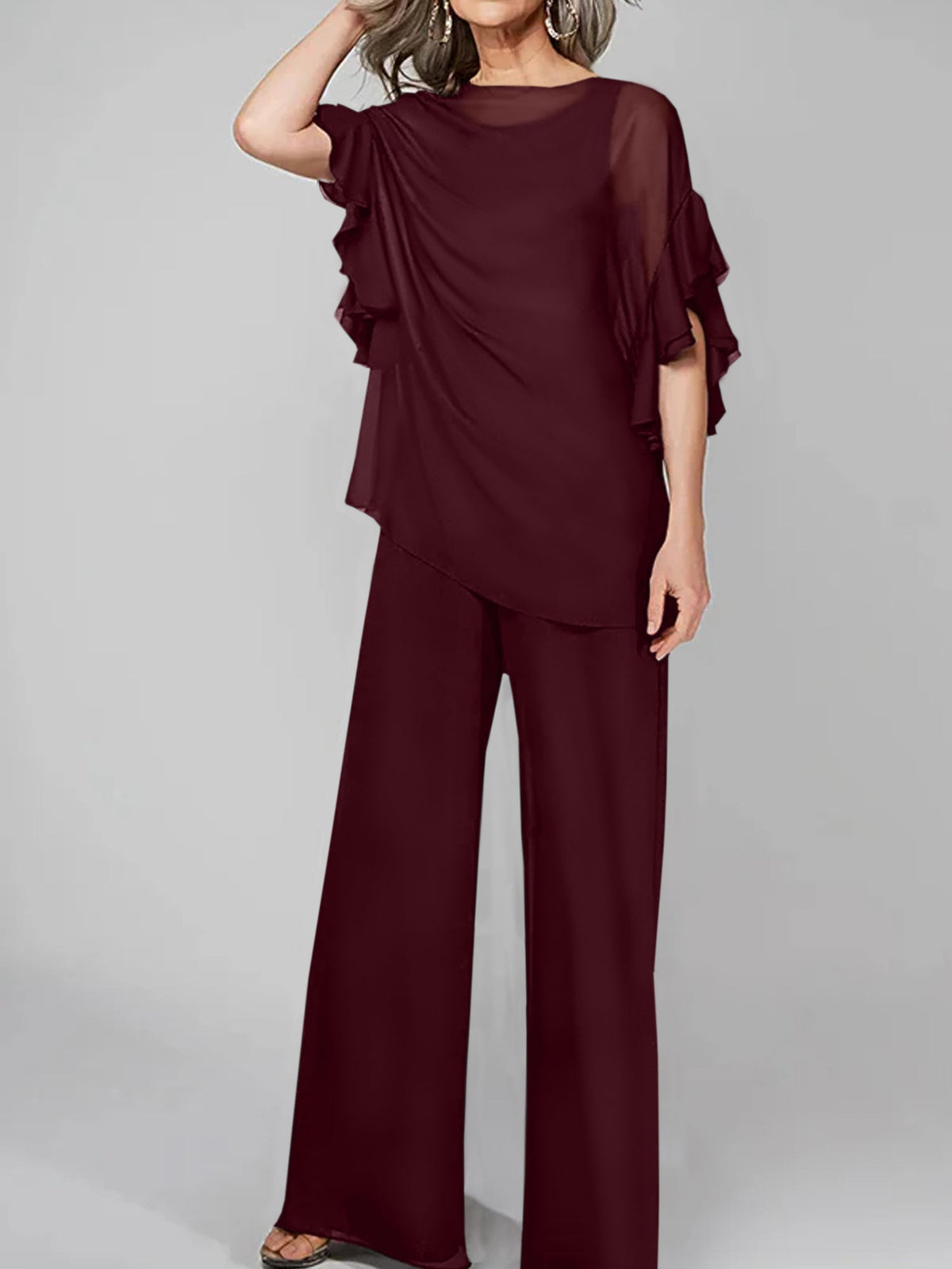 Chiffon Mother of the Bride Pantsuit with Scoop Neck and Half Sleeves