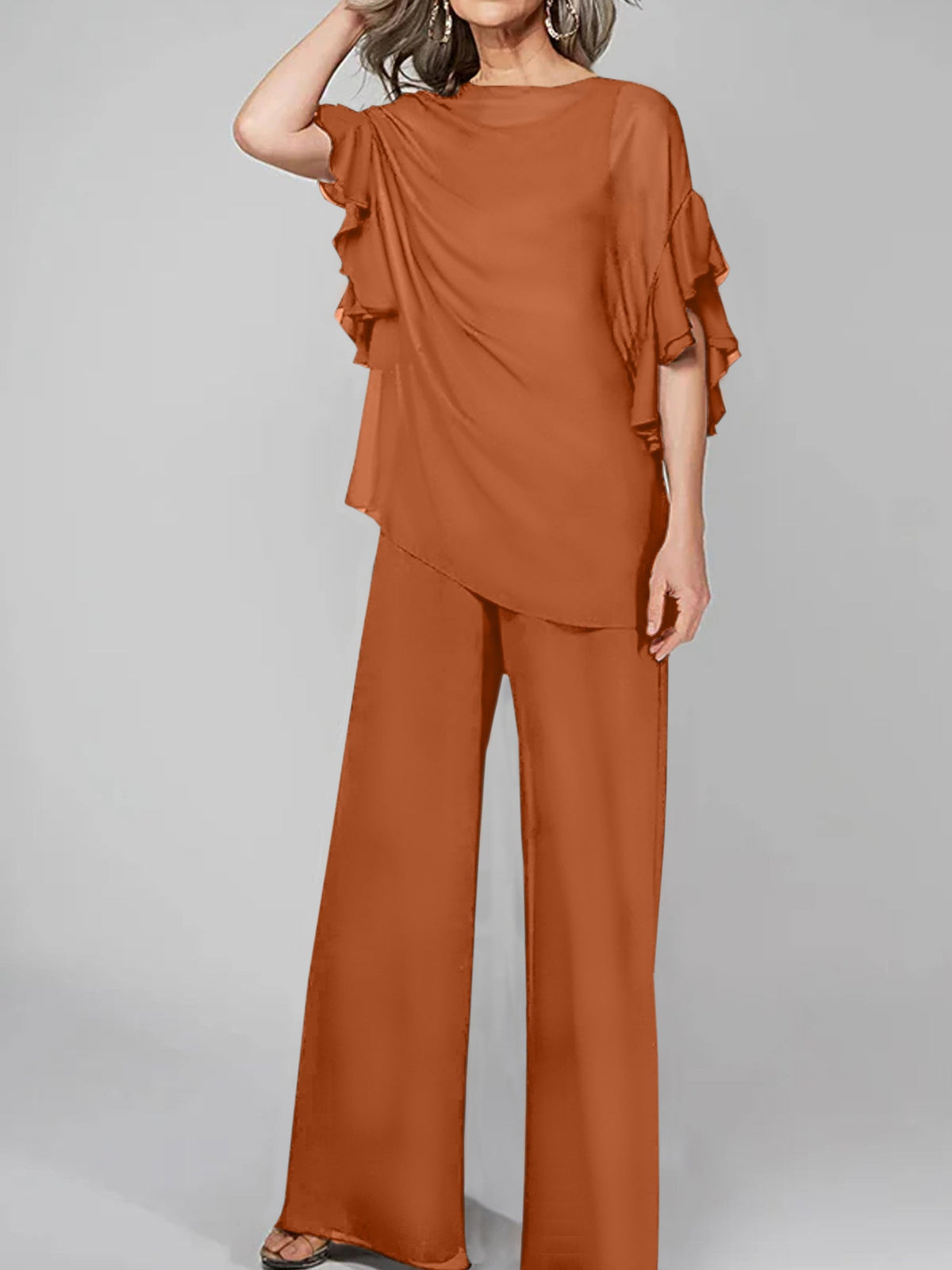 Chiffon Mother of the Bride Pantsuit with Scoop Neck and Half Sleeves