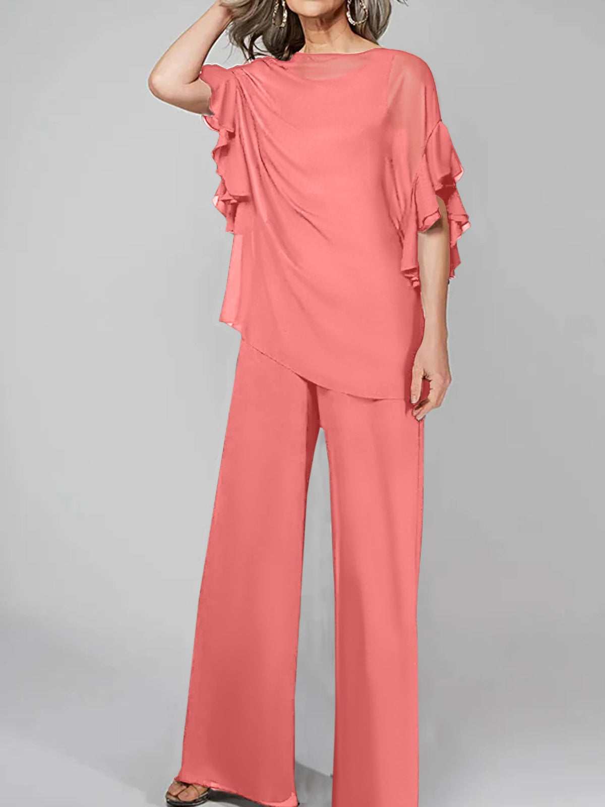 Chiffon Mother of the Bride Pantsuit with Scoop Neck and Half Sleeves