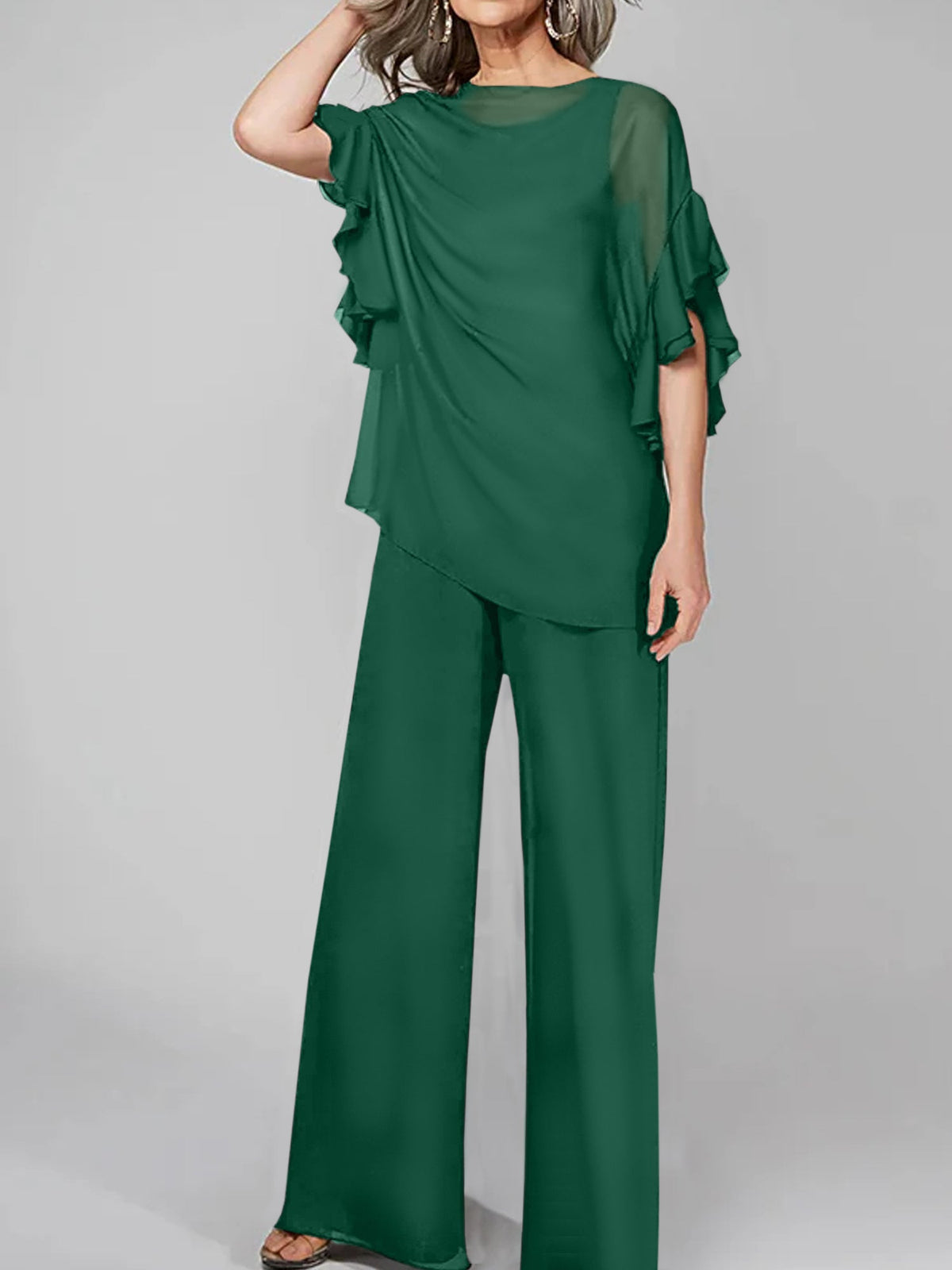 Chiffon Mother of the Bride Pantsuit with Scoop Neck and Half Sleeves
