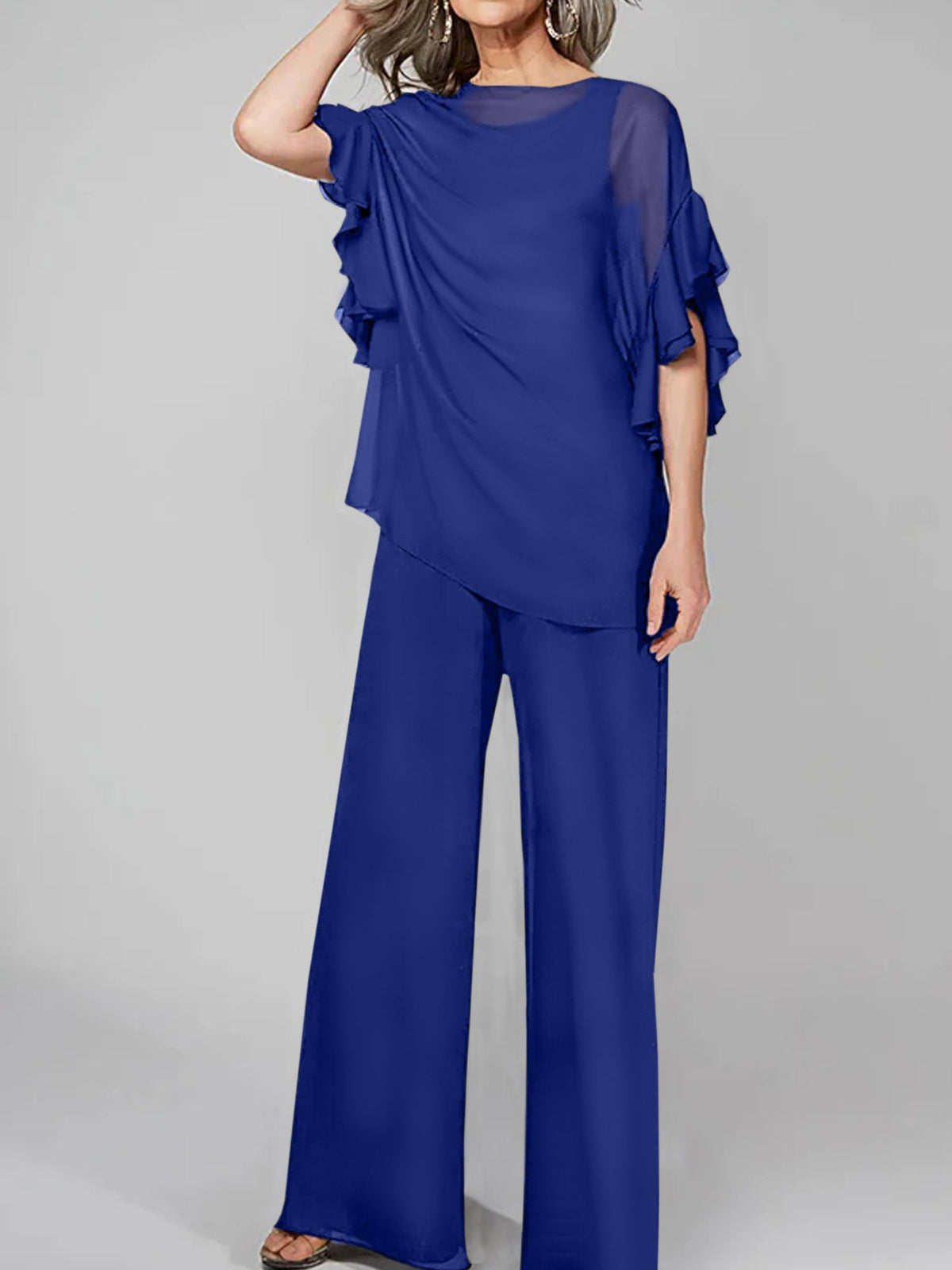 Chiffon Mother of the Bride Pantsuit with Scoop Neck and Half Sleeves