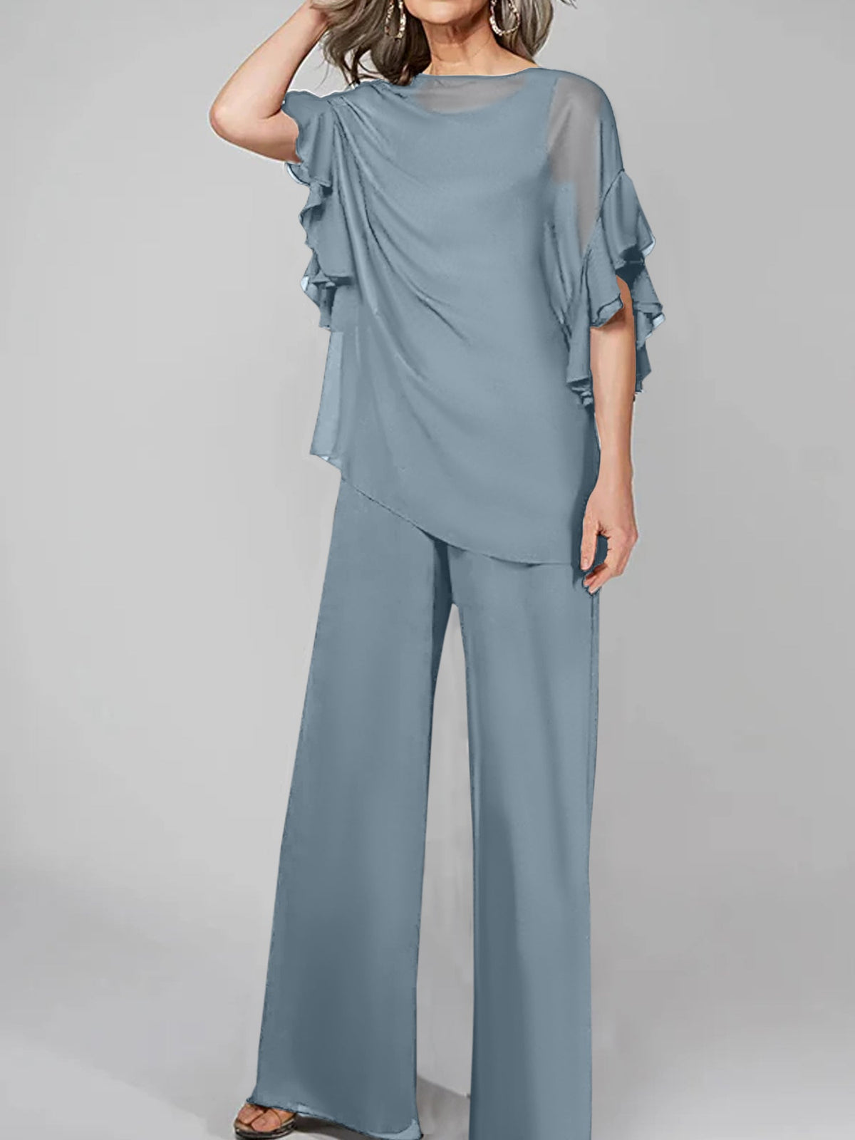 Chiffon Mother of the Bride Pantsuit with Scoop Neck and Half Sleeves